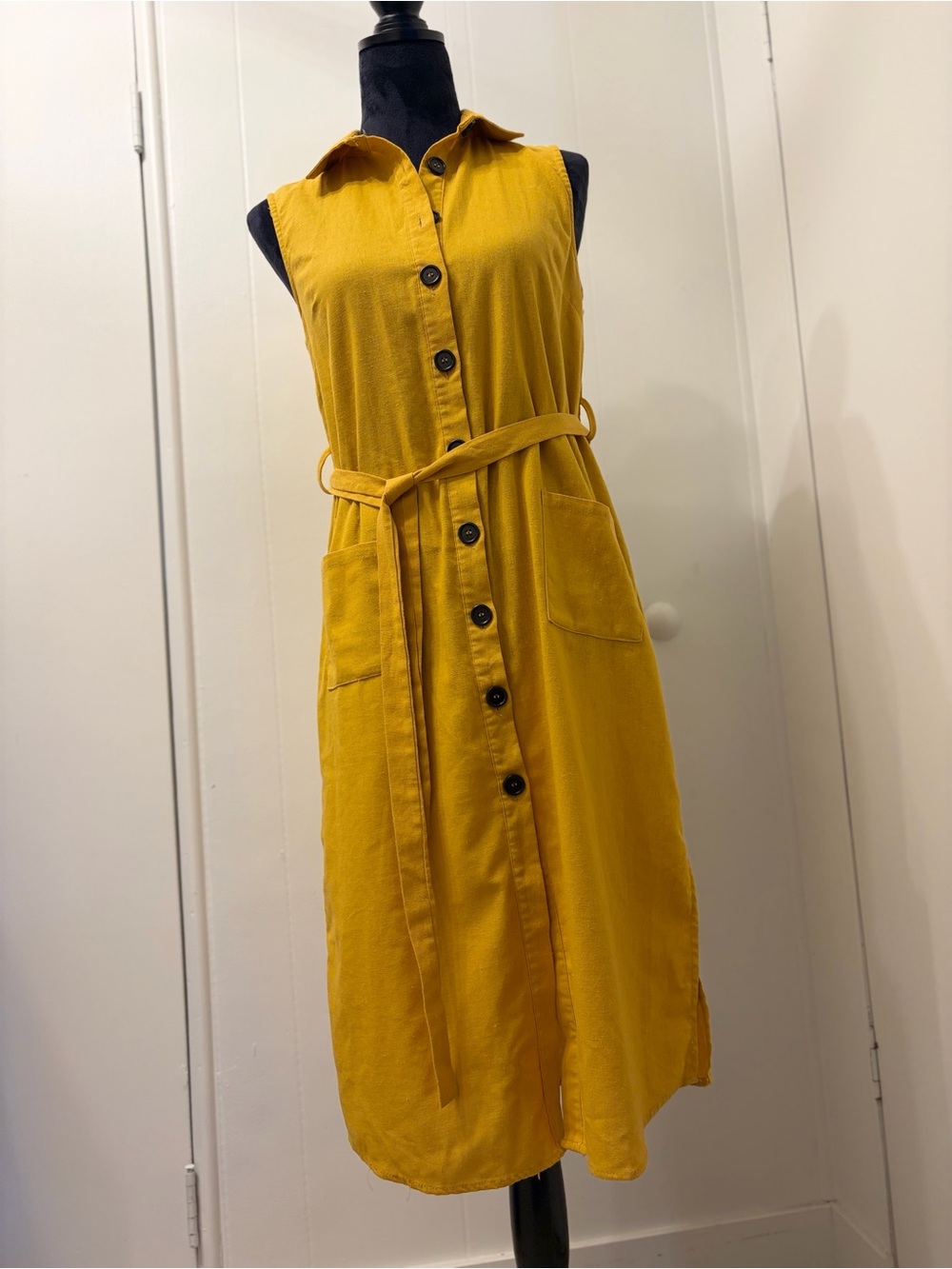 J. Jill Sleeveless Mustard Button-Front Midi Dress with Tie - Picture 8 of 11